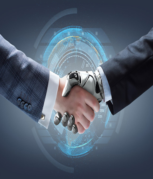 A man and a robot shaking  hand showing the advancement in Artificial intelligence